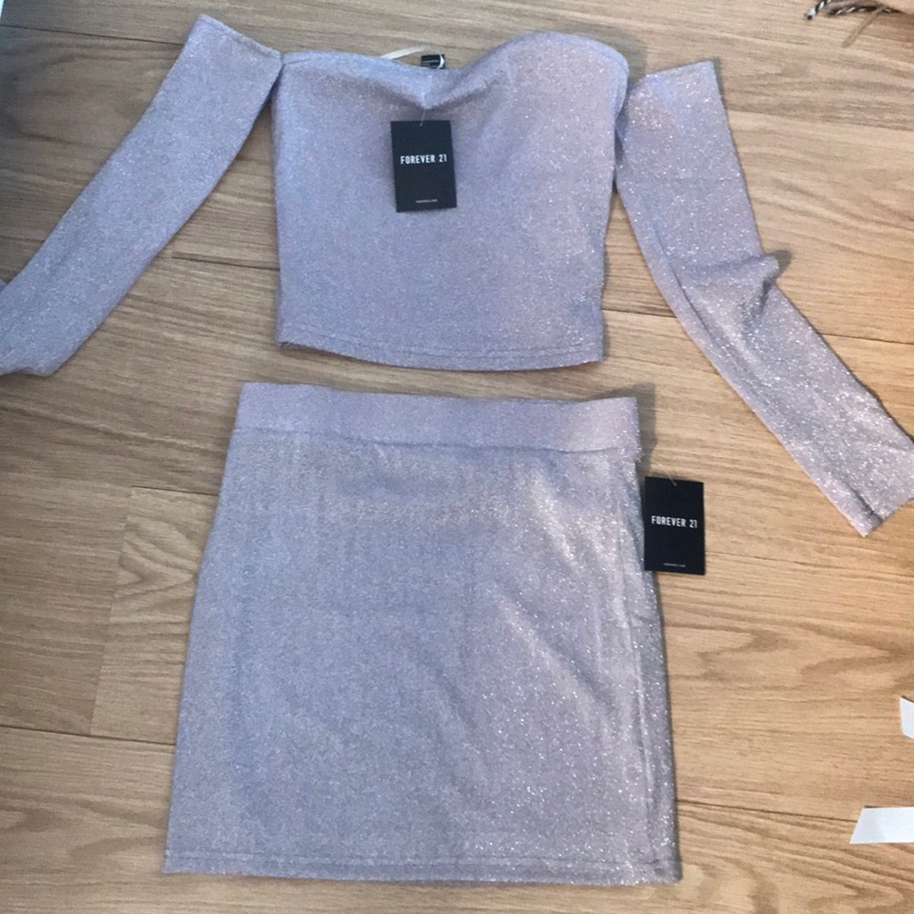 Forever 21 sparkle silver/lilac shirt + skirt set